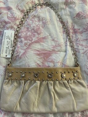 Vintage Leatherock Cream and Tan Studded Leather Shoulder Bag with Chain Strap